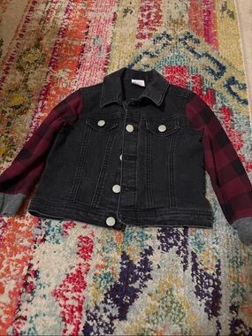wonder nation Black Denim Jacket with Burgundy Plaid Sleeves